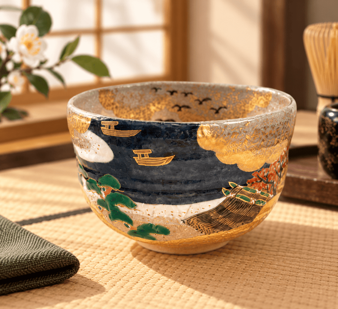 Golden Autumn Voyage – Master Handmade Kyoto Kiyomizu-yaki Matcha Bowl - Tea and Whisk