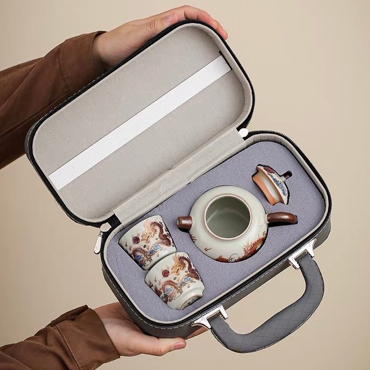 Golden Dragon Color-changing Ru Kiln Travel Set - Tea and Whisk