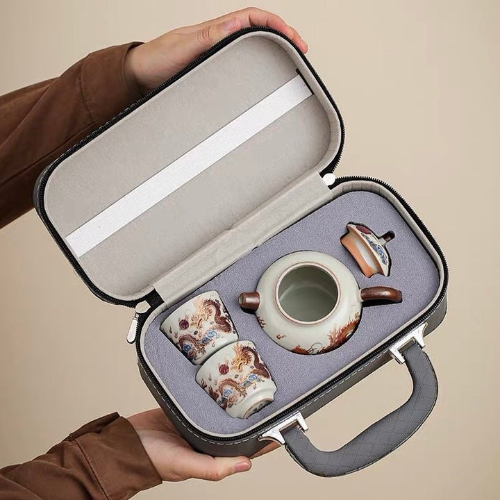 Golden Dragon Color-changing Ru Kiln Travel Set - Tea and Whisk