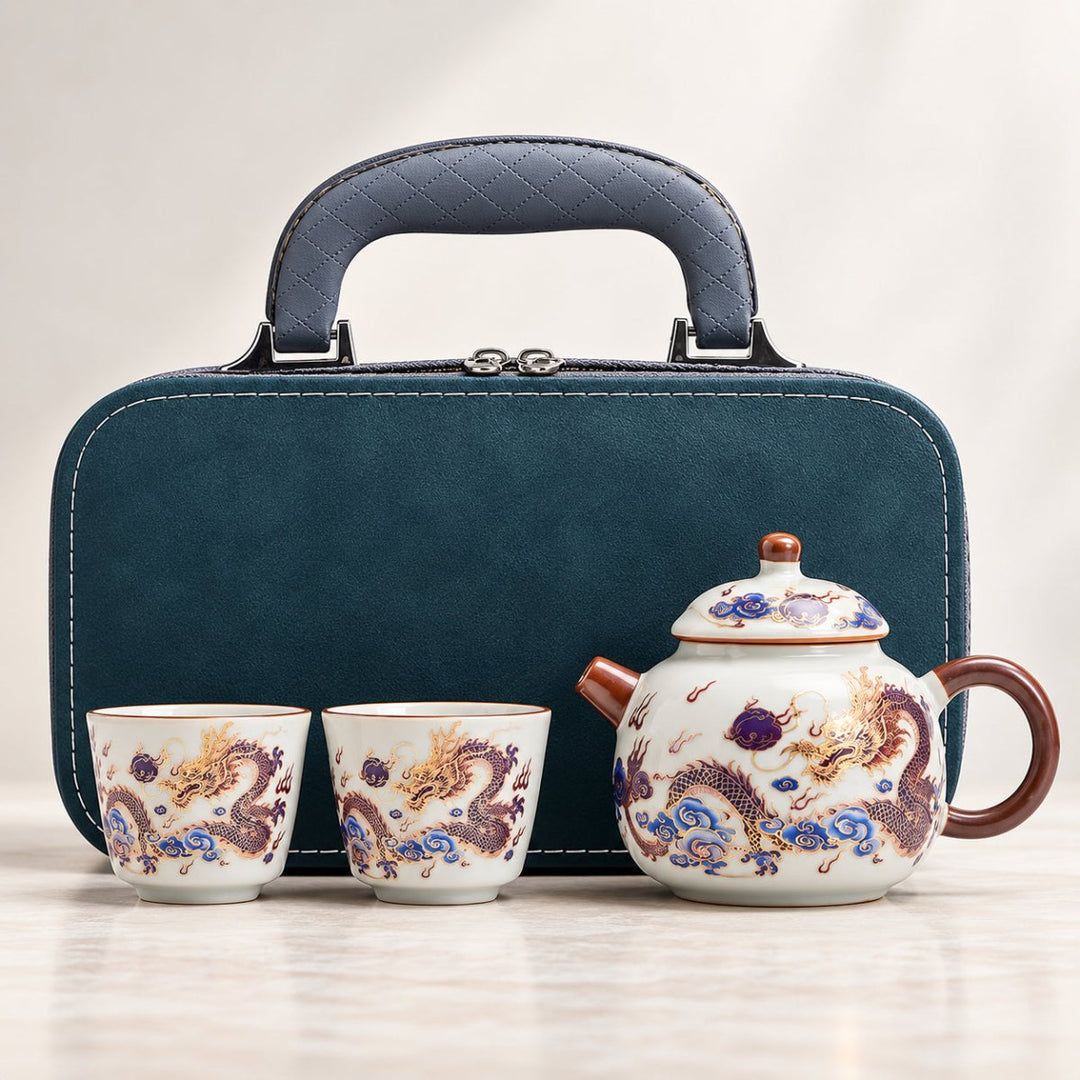 Golden Dragon Color-changing Ru Kiln Travel Set - Tea and Whisk