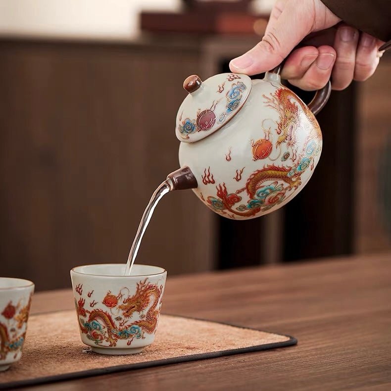 Golden Dragon Color-changing Ru Kiln Travel Set - Tea and Whisk