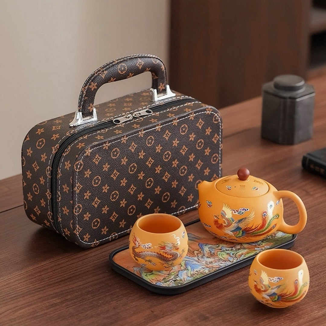 Golden Dragon & Phoenix - Yellow Yixing Clay Teapot Portable Tea Set - Tea and Whisk