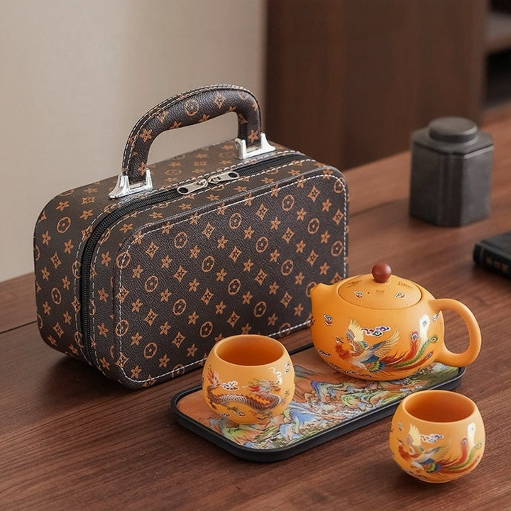 Golden Dragon & Phoenix - Yellow Yixing Clay Teapot Portable Tea Set - Tea and Whisk