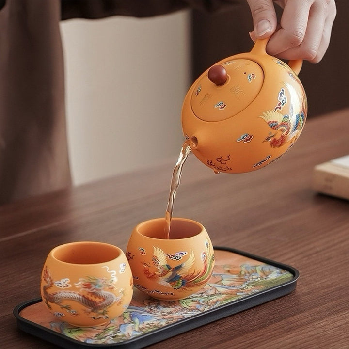 Golden Dragon & Phoenix - Yellow Yixing Clay Teapot Portable Tea Set - Tea and Whisk