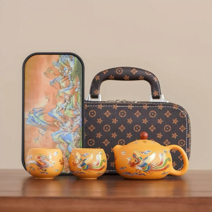 Golden Dragon & Phoenix - Yellow Yixing Clay Teapot Portable Tea Set - Tea and Whisk