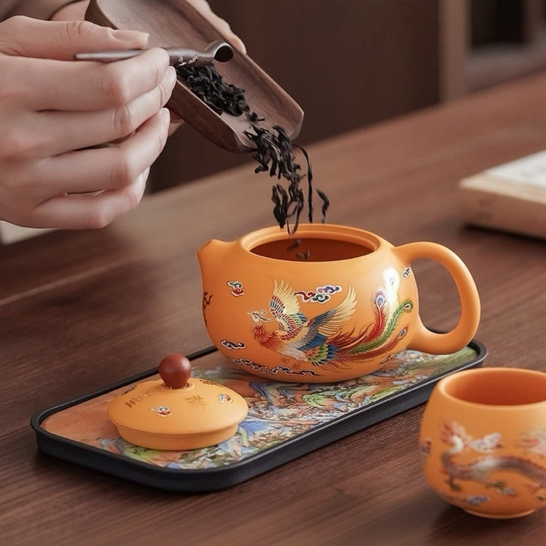 Golden Dragon & Phoenix - Yellow Yixing Clay Teapot Portable Tea Set - Tea and Whisk