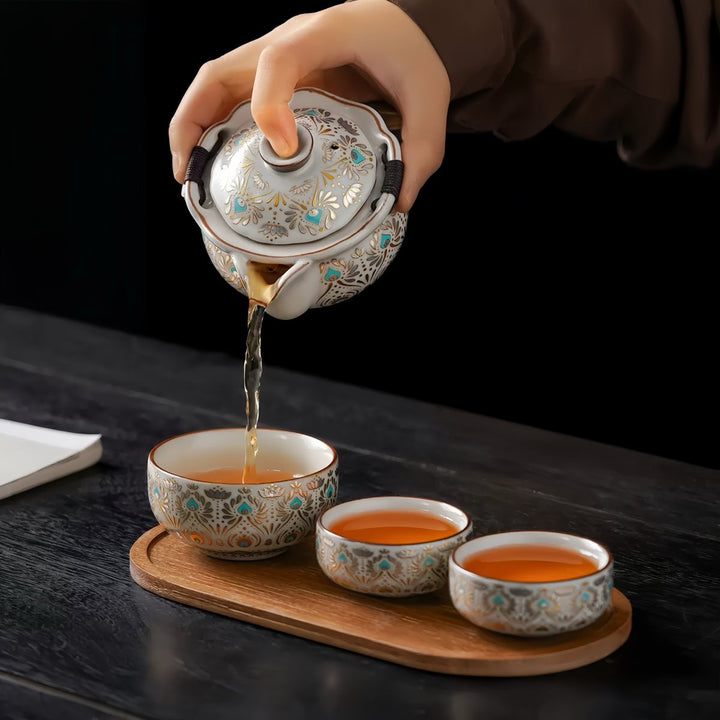 Golden Peacock - Ru Kiln Clay Tea Set with Embroidered Travel Bag - Tea and Whisk