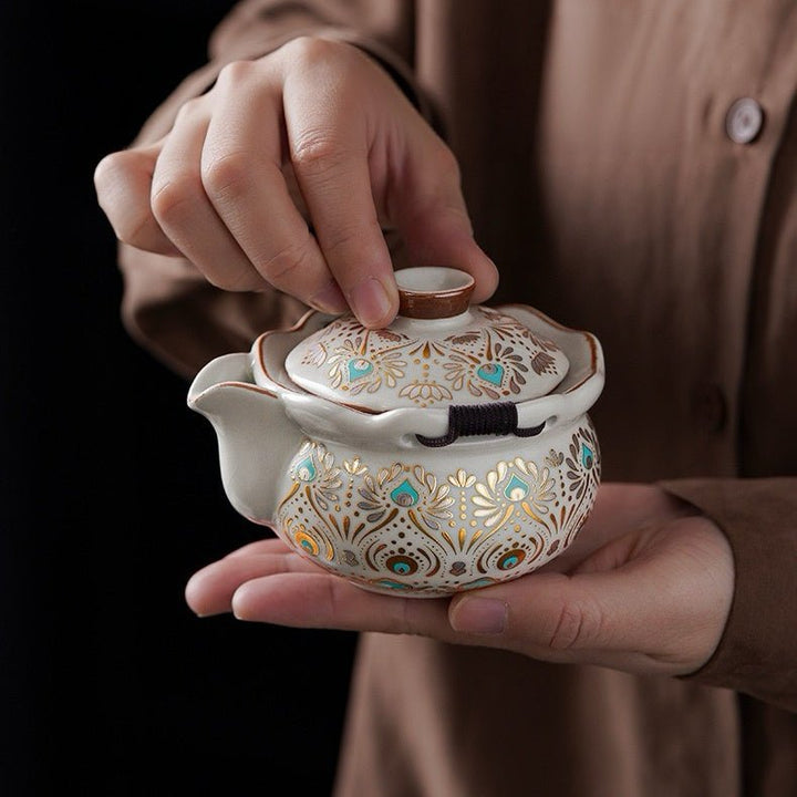 Golden Peacock - Ru Kiln Clay Tea Set with Embroidered Travel Bag - Tea and Whisk