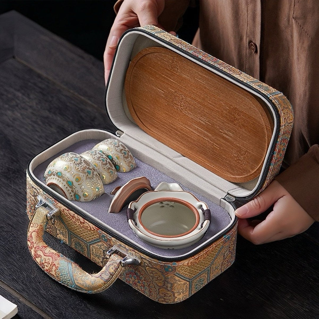 Golden Peacock - Ru Kiln Clay Tea Set with Embroidered Travel Bag - Tea and Whisk