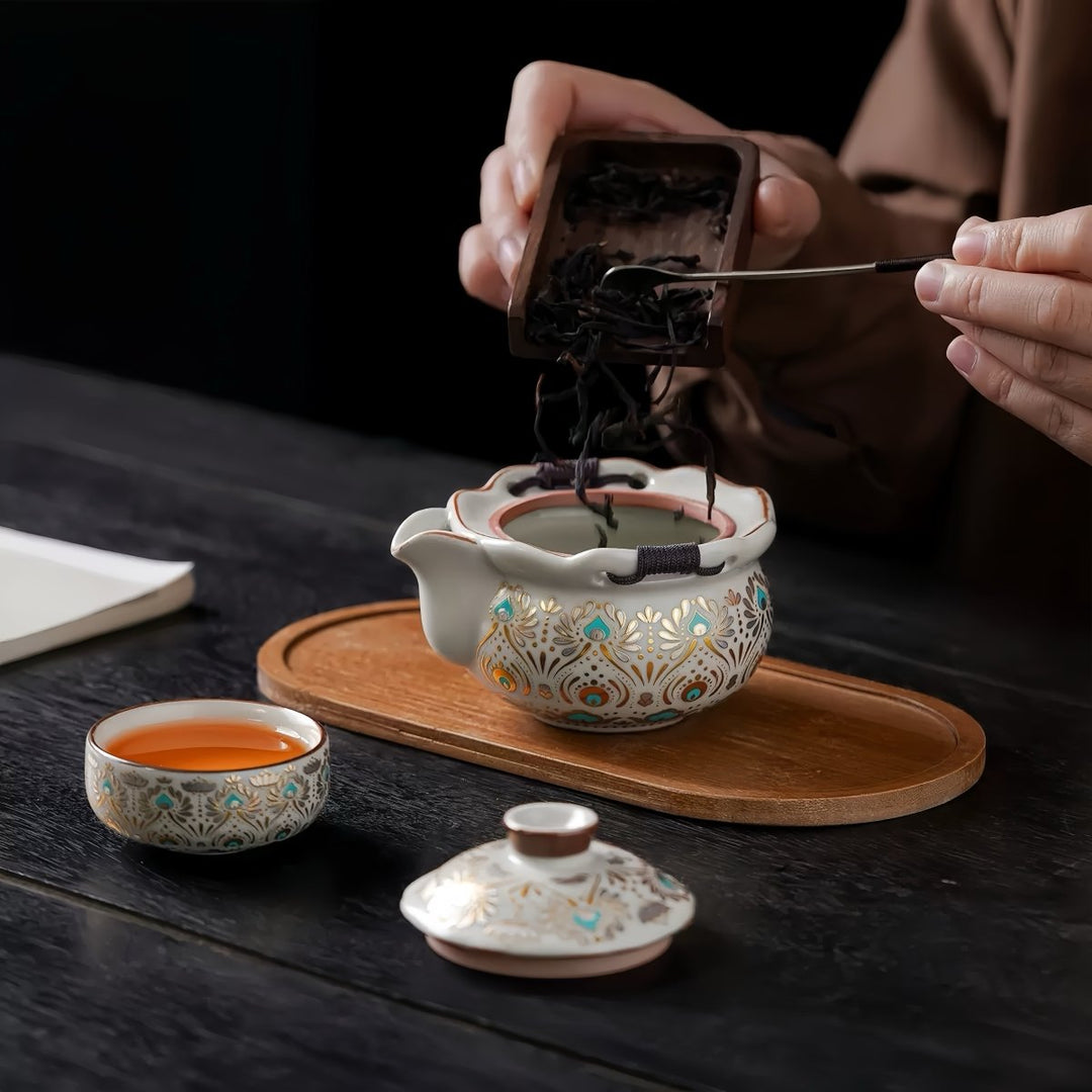Golden Peacock - Ru Kiln Clay Tea Set with Embroidered Travel Bag - Tea and Whisk