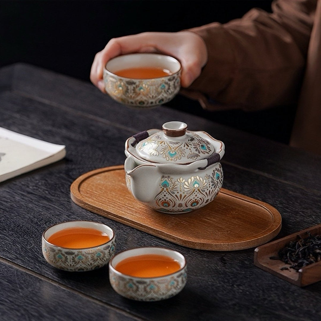 Golden Peacock - Ru Kiln Clay Tea Set with Embroidered Travel Bag - Tea and Whisk