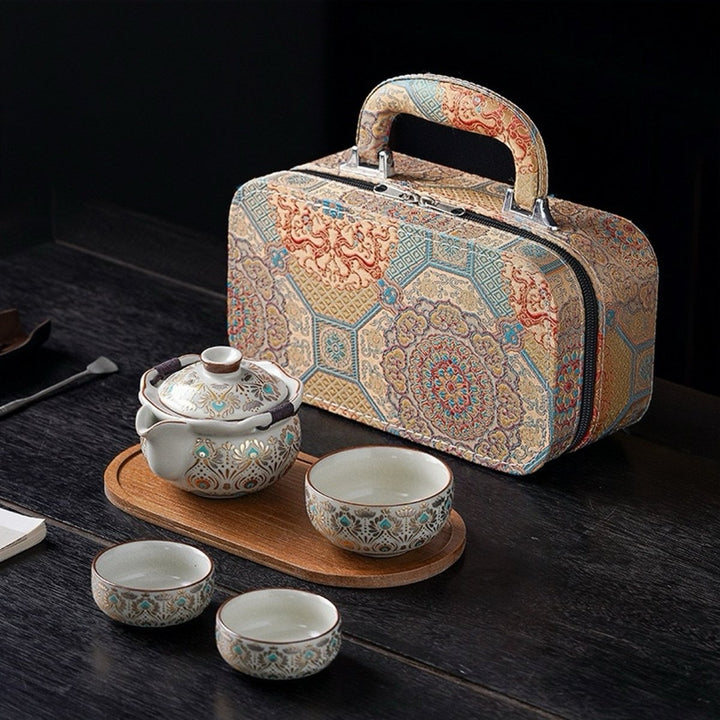 Golden Peacock - Ru Kiln Clay Tea Set with Embroidered Travel Bag - Tea and Whisk