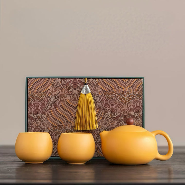 Golden Serenity - Yellow Yixing Clay Teapot with 2 Cups Set - Tea and Whisk