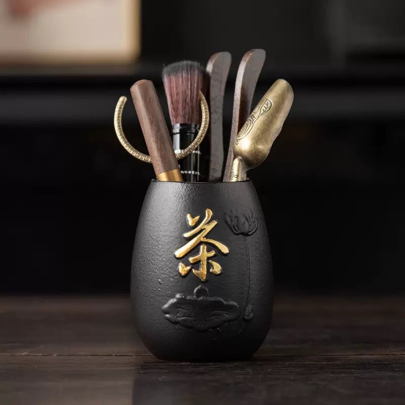 Gongfu Tea Ceremony Tools Set with Clay Holder - Tea and Whisk