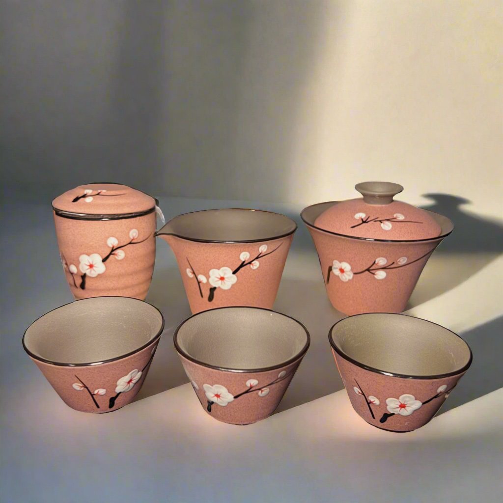 Hand - craft Cherry Blossom Clay Tea Set - Tea and Whisk