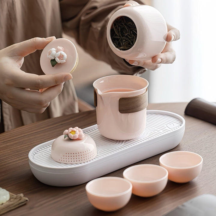 Hand - crafted Pink Blossom Porcelain Travel Tea Set - Tea and Whisk