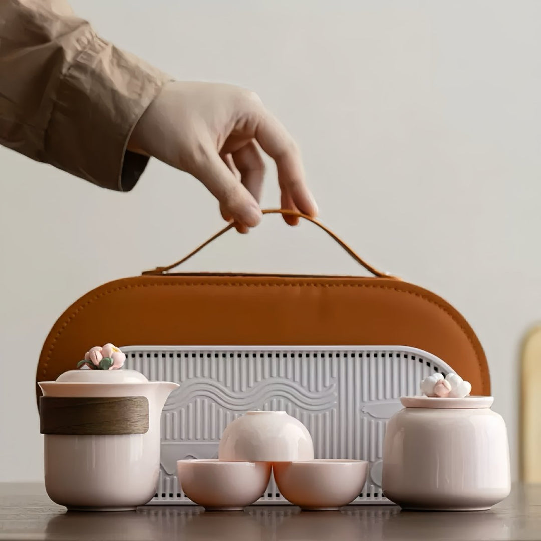 Hand - crafted Pink Blossom Porcelain Travel Tea Set - Tea and Whisk