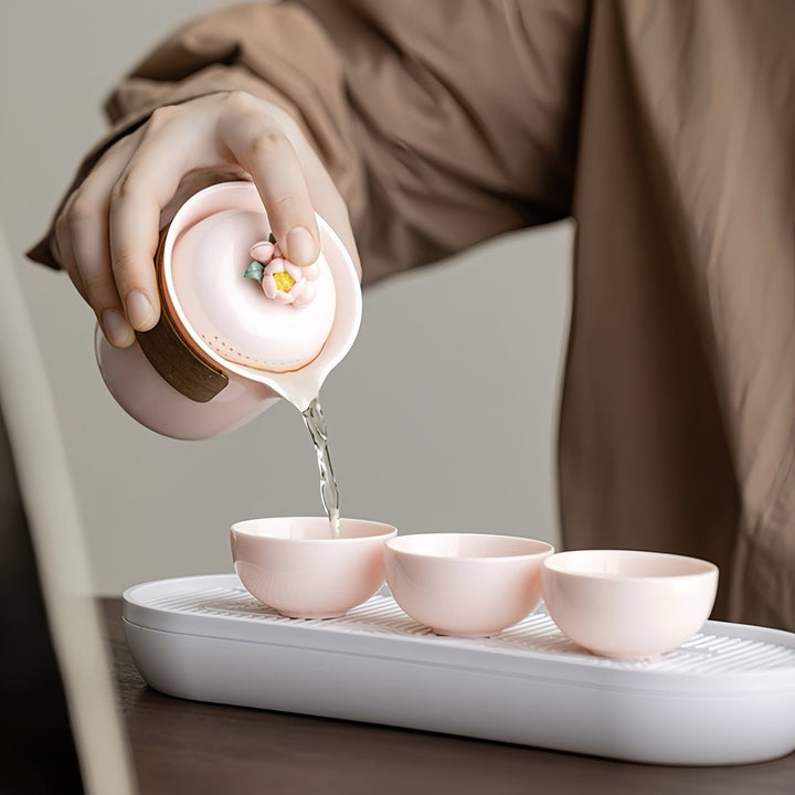 Hand - crafted Pink Blossom Porcelain Travel Tea Set - Tea and Whisk