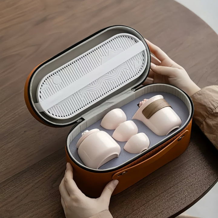 Hand - crafted Pink Blossom Porcelain Travel Tea Set - Tea and Whisk