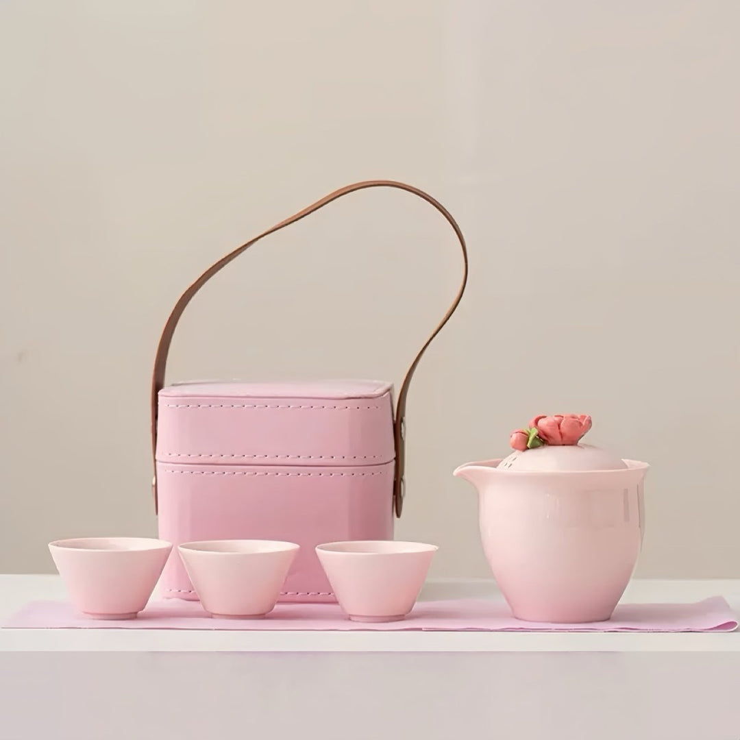 Hand - crafted Pink Blossom Portable Travel Tea Set - Tea and Whisk