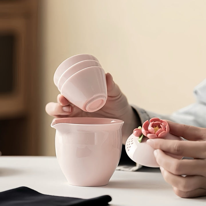 Hand - crafted Pink Blossom Portable Travel Tea Set - Tea and Whisk