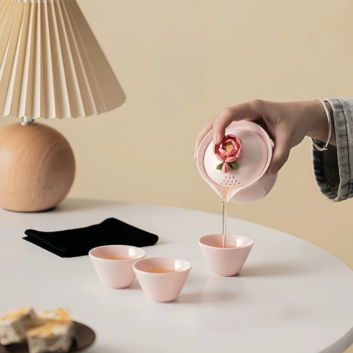 Hand - crafted Pink Blossom Portable Travel Tea Set - Tea and Whisk
