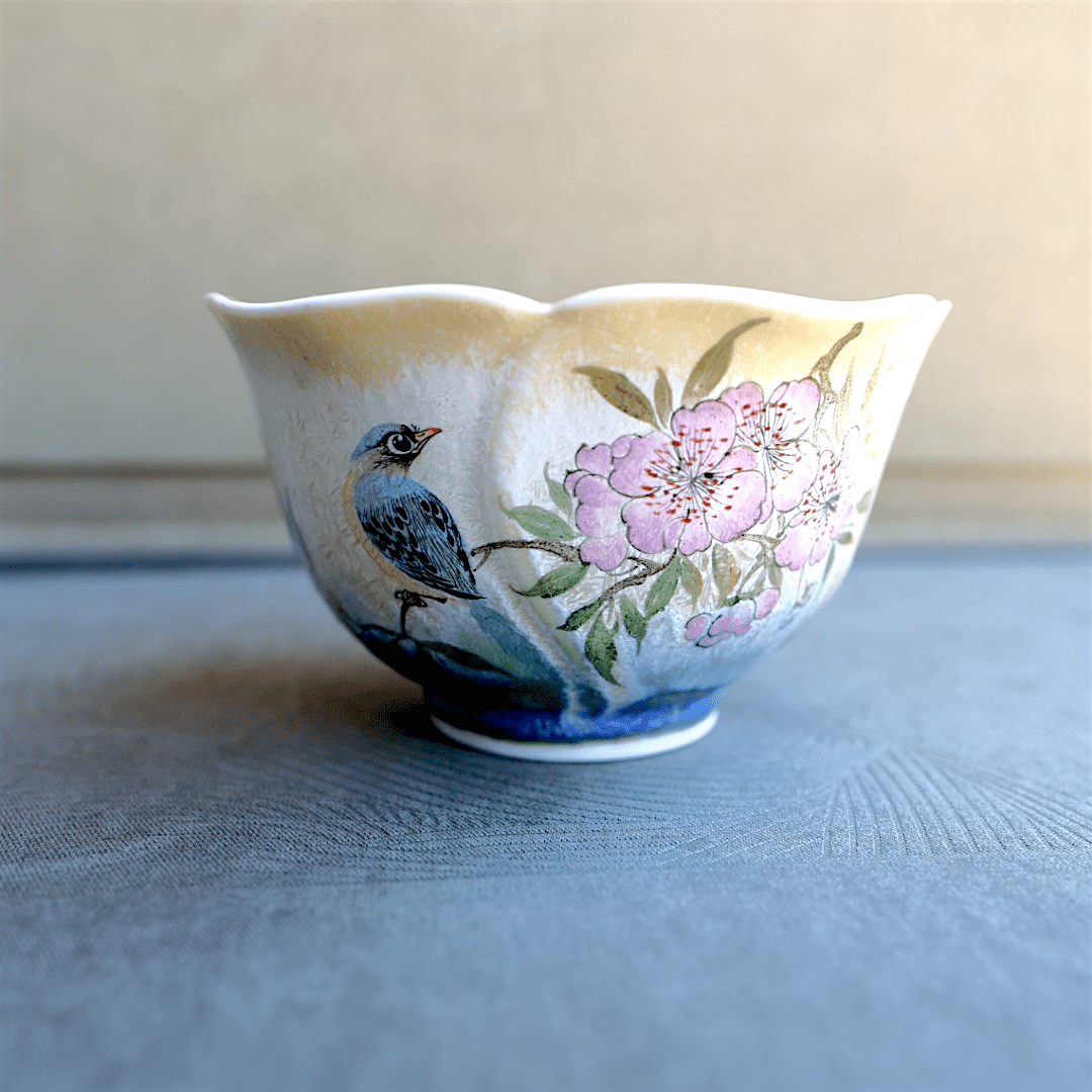Hand - Painted Bluebird Gardens Jingdezhen Teacups - Tea and Whisk