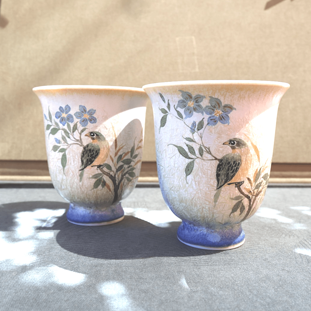 Hand - Painted Bluebird Gardens Jingdezhen Teacups - Tea and Whisk