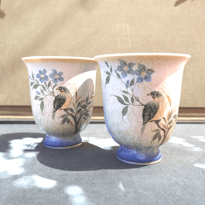 Hand - Painted Bluebird Gardens Jingdezhen Teacups - Tea and Whisk