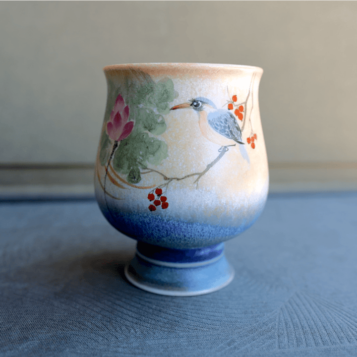 Hand - Painted Bluebird Gardens Jingdezhen Teacups - Tea and Whisk