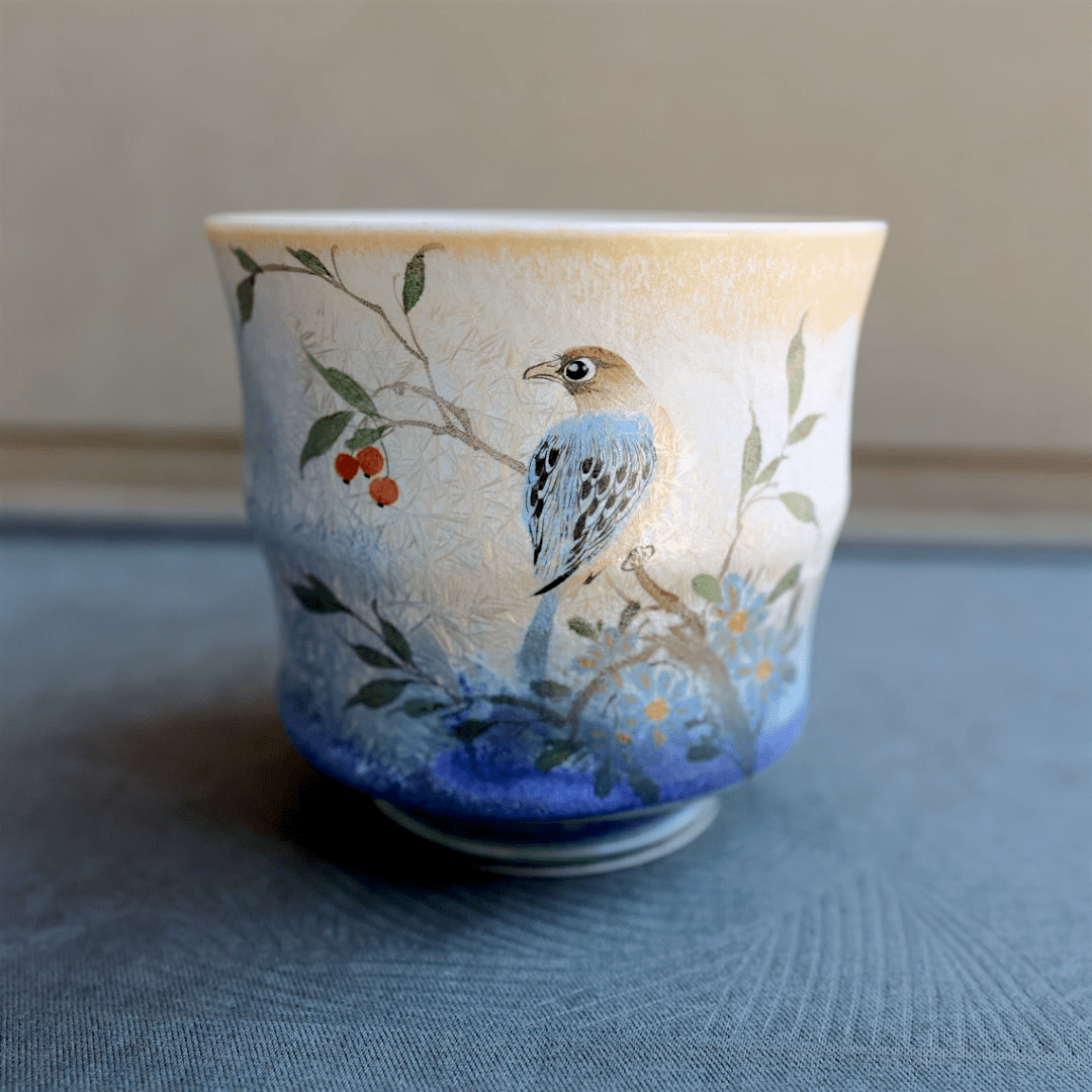Hand - Painted Bluebird Gardens Jingdezhen Teacups - Tea and Whisk