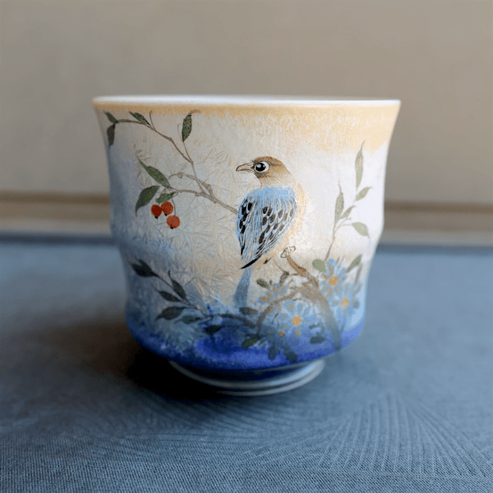 Hand - Painted Bluebird Gardens Jingdezhen Teacups - Tea and Whisk