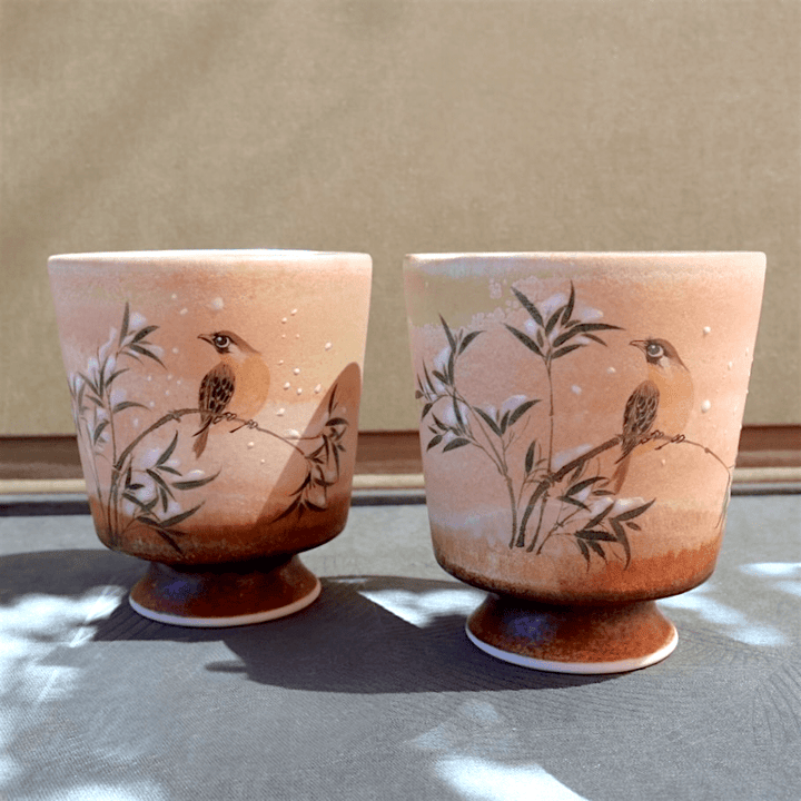 Hand - Painted Ember Songbird Jingdezhen Teacups - Tea and Whisk