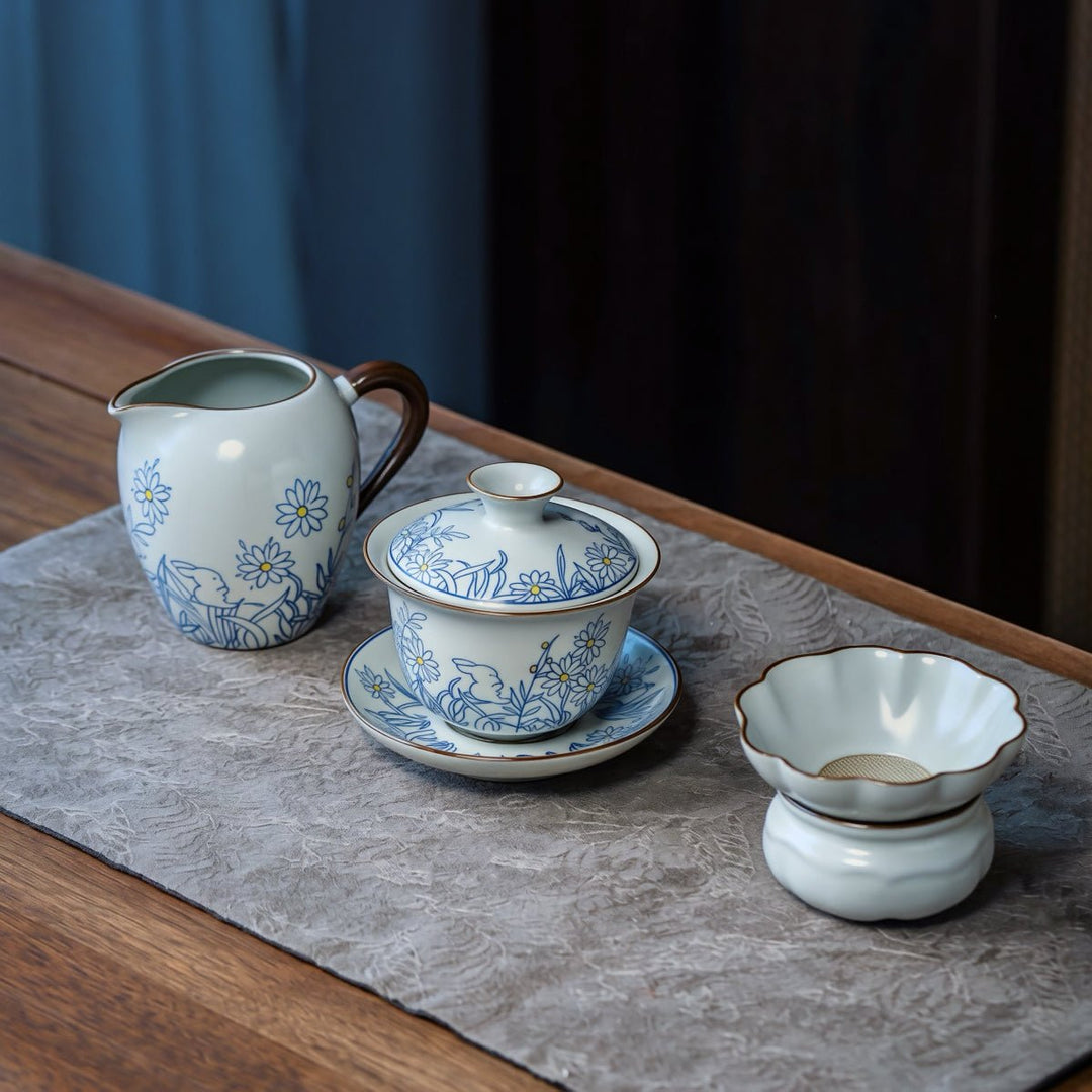 Hand-Painted Garden Rabbits Ru Kiln Gaiwan Set - Tea and Whisk