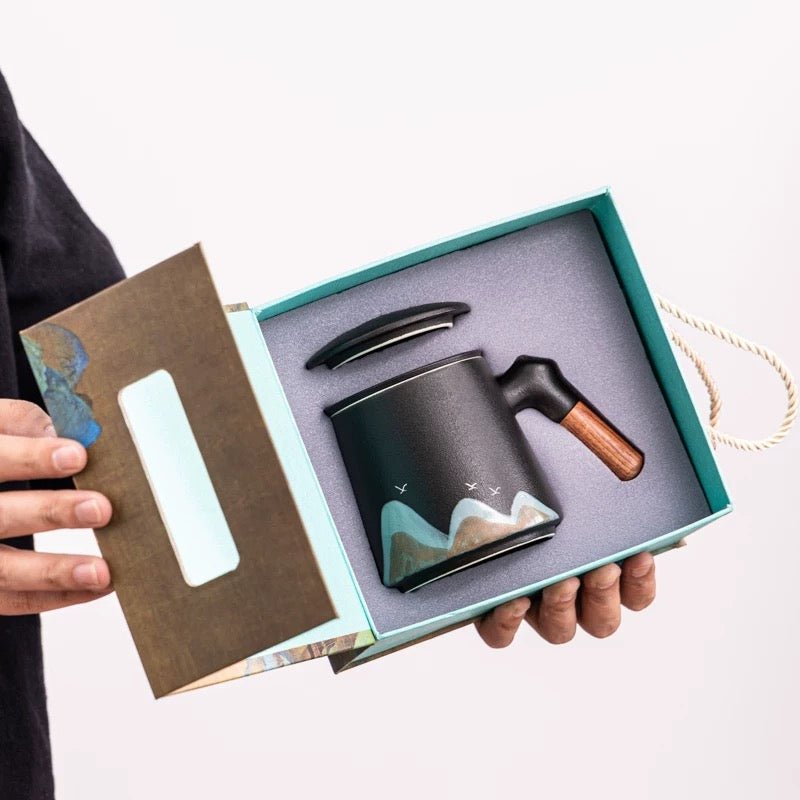 Hand - painted Mountains Office Travel Tea Mug with Infuser - Tea and Whisk