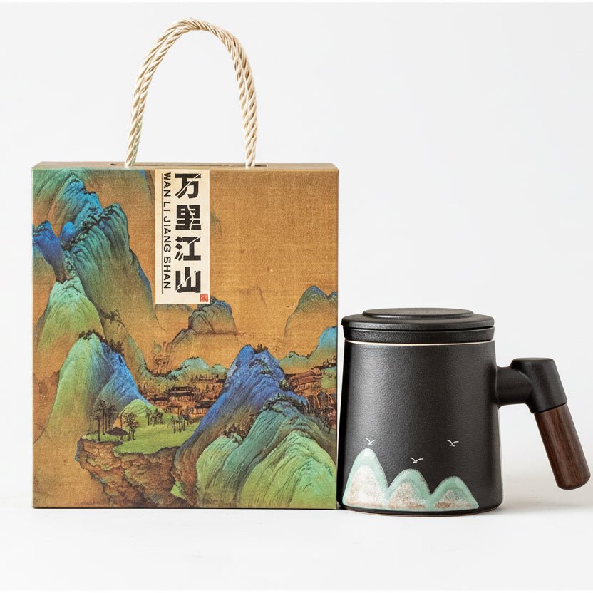 Hand - painted Mountains Office Travel Tea Mug with Infuser - Tea and Whisk