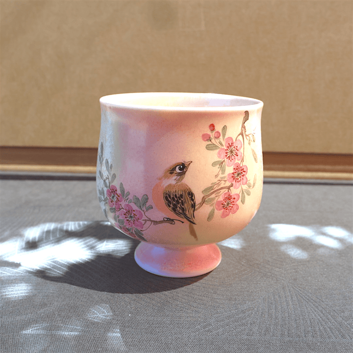 Hand - Painted Pastel Blooms And Songbird Jingdezhen Teacups - Tea and Whisk