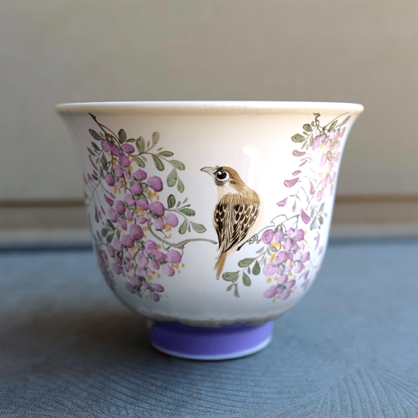 Hand - Painted Pastel Blooms And Songbird Jingdezhen Teacups - Tea and Whisk