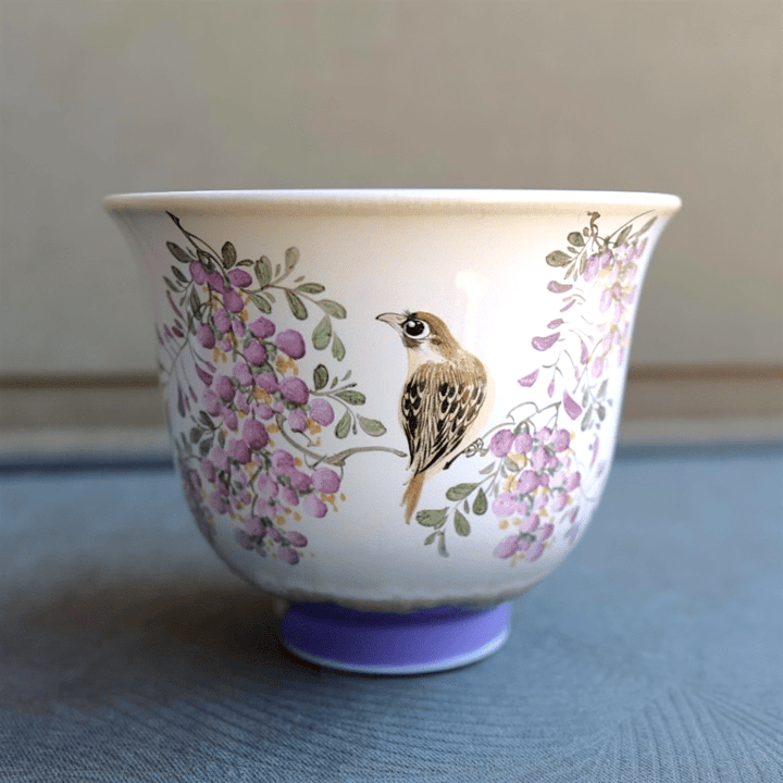 Hand - Painted Pastel Blooms And Songbird Jingdezhen Teacups - Tea and Whisk