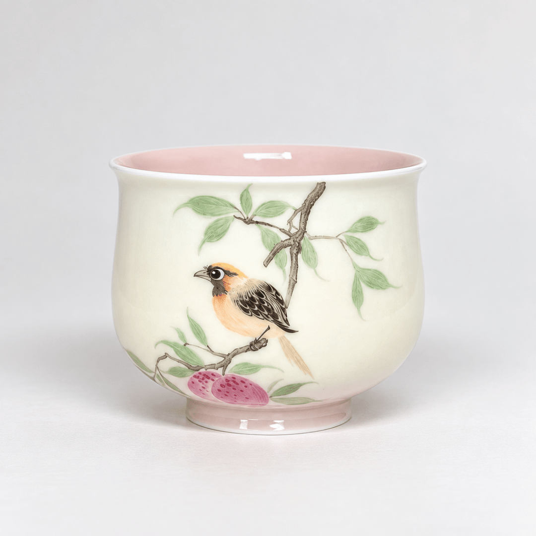 Hand-Painted Pastel Blooms And Songbird Jingdezhen Teacups - Tea and Whisk
