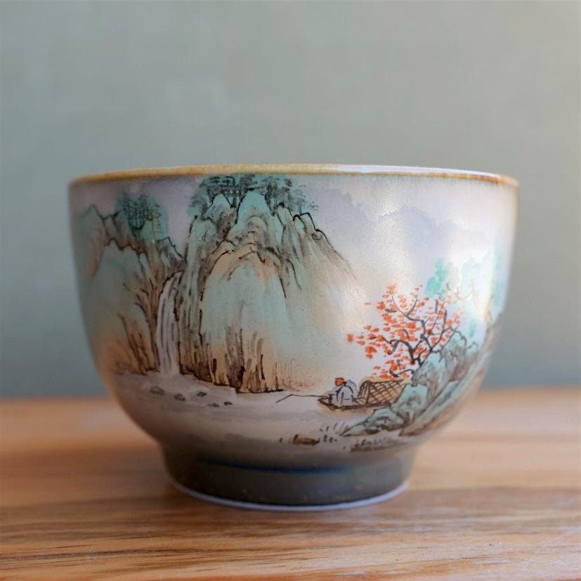 Hand - Painted Peaks & Waterfalls Jingdezhen Teacups - Tea and Whisk