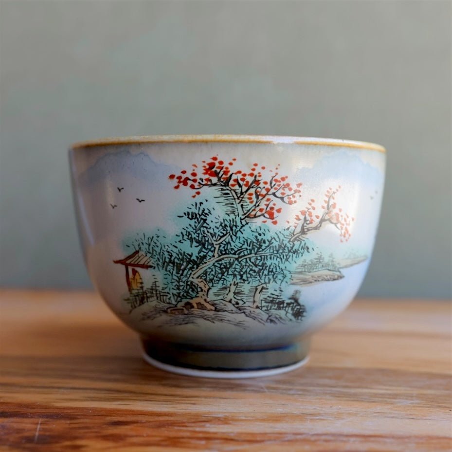 Hand - Painted Peaks & Waterfalls Jingdezhen Teacups - Tea and Whisk