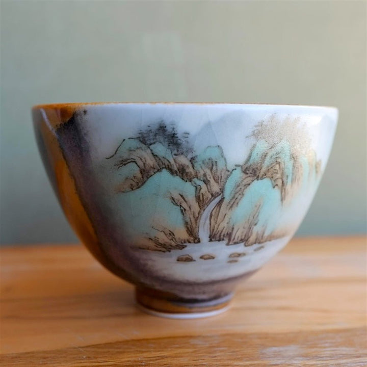 Hand - Painted Peaks & Waterfalls Jingdezhen Teacups - Tea and Whisk
