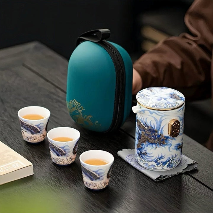 Imperial Azure Dragon Portable Gongfu Tea Set - Tea and Whisk