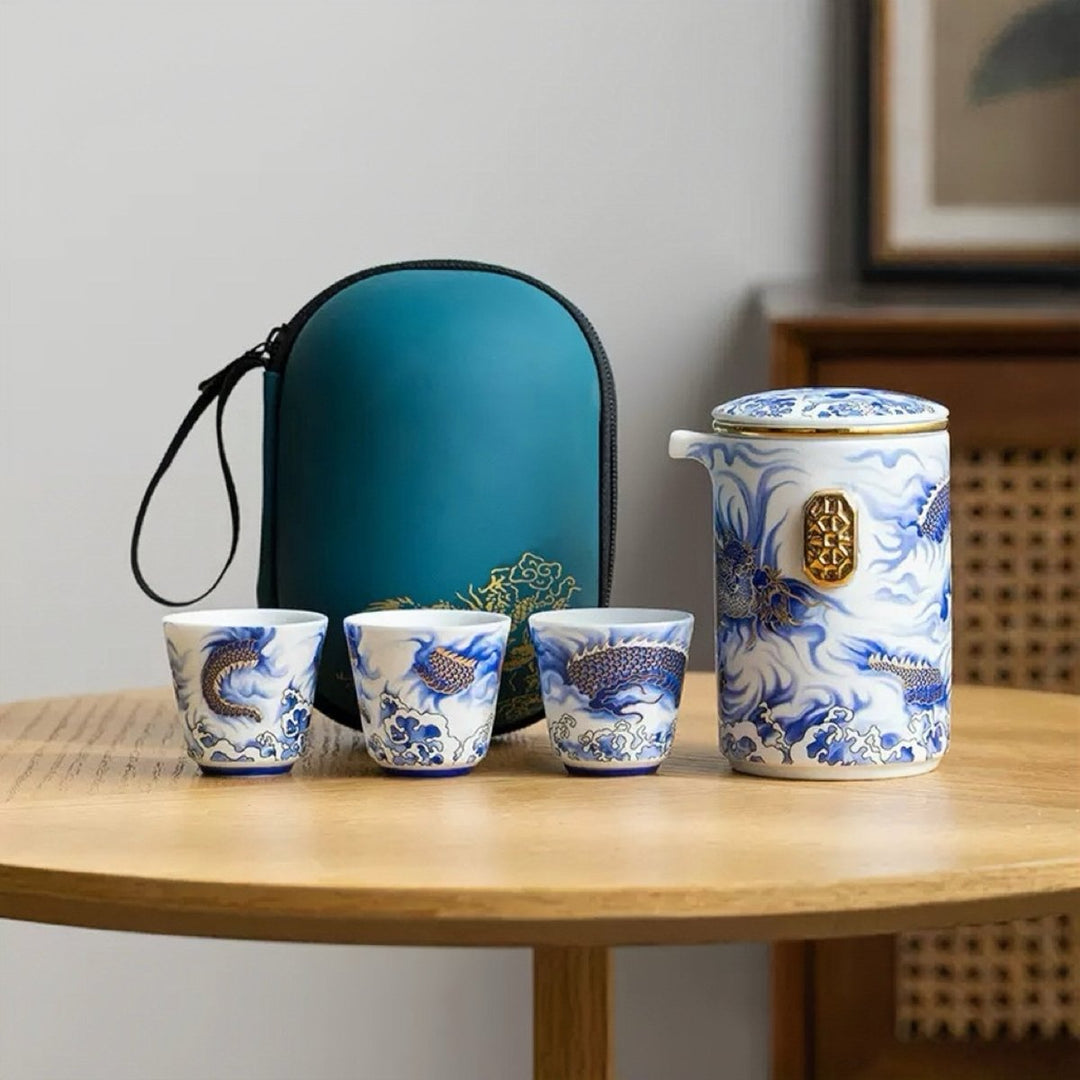 Imperial Azure Dragon Portable Gongfu Tea Set - Tea and Whisk