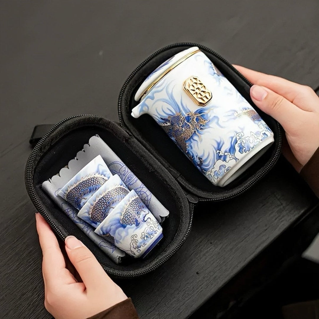 Imperial Azure Dragon Portable Gongfu Tea Set - Tea and Whisk