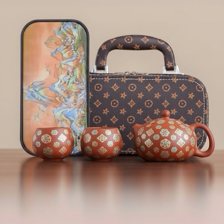 Imperial Blossom- Yixing Red Clay Teapot Journey Set - Tea and Whisk