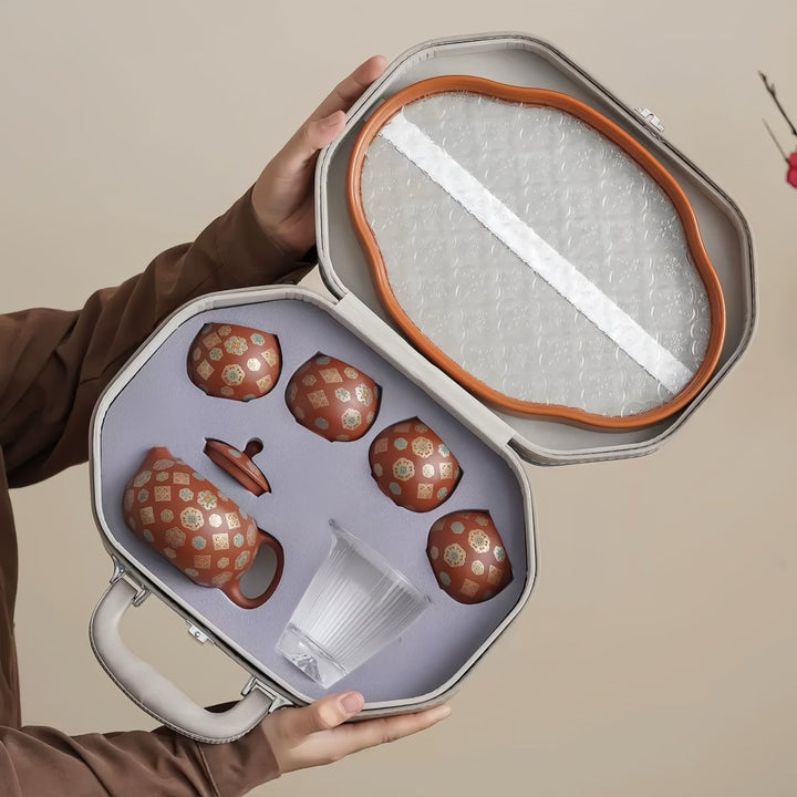 Imperial Blossom - Yixing Red Clay Teapot Journey Set - Tea and Whisk