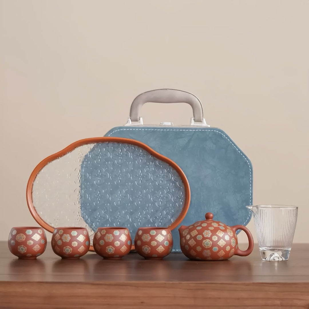 Imperial Blossom - Yixing Red Clay Teapot Journey Set - Tea and Whisk