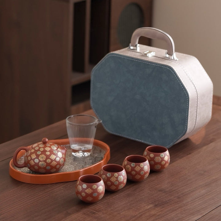 Imperial Blossom - Yixing Red Clay Teapot Journey Set - Tea and Whisk